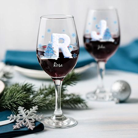 Merry Christmas - Personalized Blue Christmas Tree Long Stem Family Wine Glass